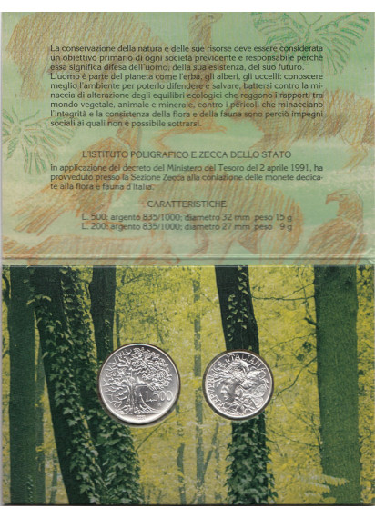 1991 - Lire 200 e 500 Flora e Fauna d'Italia Argento Monete di Zecca Italia 1 Emissione